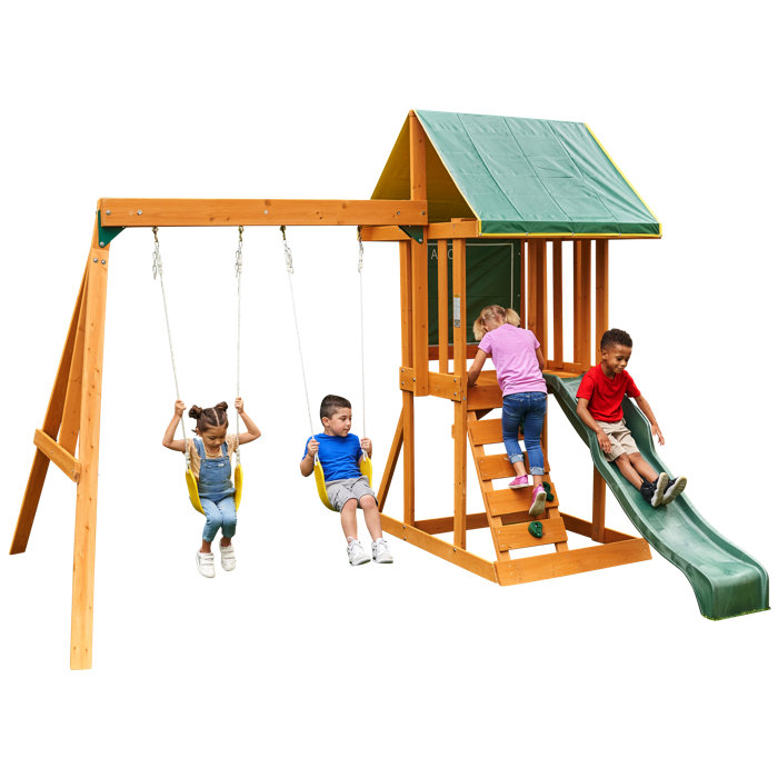 KidKraft Appleton Wooden Swing Set with Swings, Slide, Rock Wall, Chalkwall and Sandbox